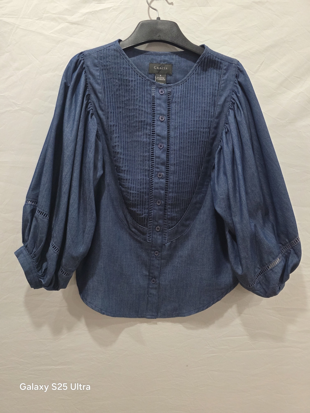 Gracia Chambray Denim Pintuck Bib Blouse With Puff Balloon Sleeves (Size S)